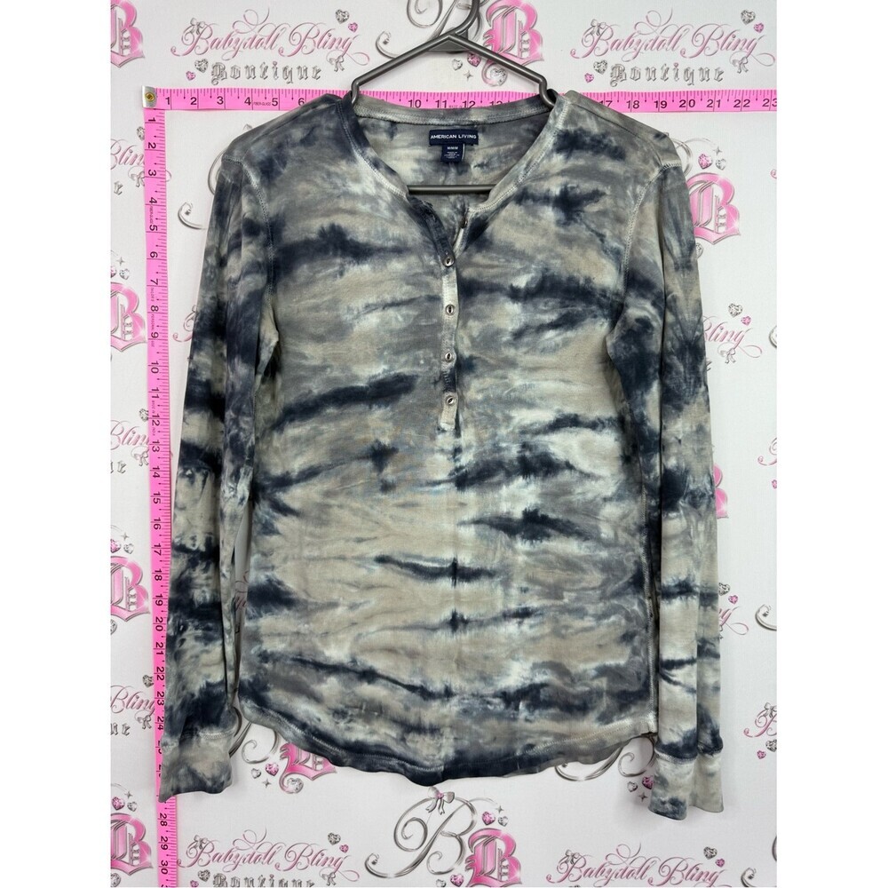 American Living Tie-Dye Long Sleeve Henley Top in navy and Cream